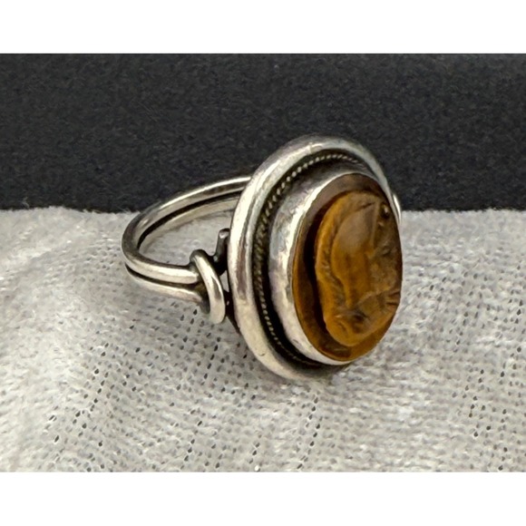 Estate Jewelry - Vintage Cameo Ring Silver Tone Carved Roman Soldier Tigers Eye Size 6